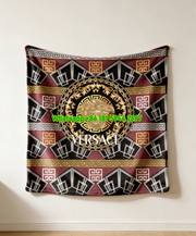 Versace Burgundy Black and Gold Medusa Greek Key Flannel Throw Blanket IMG_1496